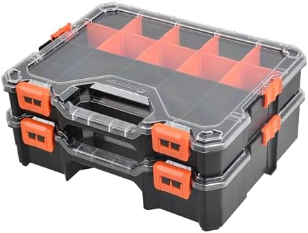 2PC Interlockable Tool Organizer, Toolbox with Adjustable Dividers & Bins & Transparent Lids Portable Hardware Storage Box for Screws, Nuts, Fishing Accessories (Black&Orange) by TACTIX