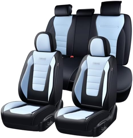 Coverado Car Seat Covers Full Set, Nappa Leather Seat Covers for Cars, Car Seat Protector Car Seat Cushion, Front and Back Seat Protectors Cushions Universal Fit for Most Cars (Black&Light Blue) by COVERADOAUTO