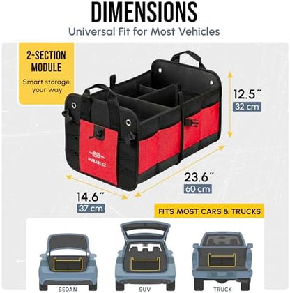 Car Trunk Organizer - Collapsible, Foldable - with Covering Net, Removable Dividers, Attachable Non-Slip Pads, Mounting Straps, and Stainless Hooks - for SUV, Truck, Sedan, Minivan, and Van - Red - Image 3