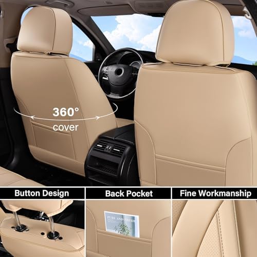 Coverado Waterproof Nappa Leather Car Seat Covers, Automotive Fullset Seat Covers, 5 Seat Car Seat Cushion & Car Seat Protector, Beige Front and Rear Covers Universal Fit for Most Cars, SUVs, Trucks - Image 3