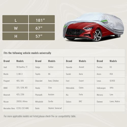 TUCAREST 6-Layers Premium Full Car Cover Hard Shell Zipper Design Waterproof All Weather Weatherproof UV Sun Protection Snow Dust Storm Resistant Outdoor with Straps (Fit for Sedan 165"- 181") - Image 3
