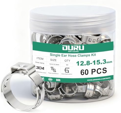 OURU 12.8-15.3mm Single Ear Hose Clamps, 60PCS, 304 Stainless Steel by OURU