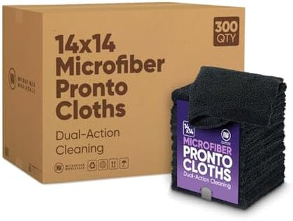 Microfiber Wholesale Pronto Cloths, Dual-Sided Microfiber Cleaning Towels, Soft Plush & Scrub Cloths for Dusting, Scrubbing, Kitchen, Windows & Car Detailing, Absorbent Bulk 300-Pack Black by MicrofiberWholesale