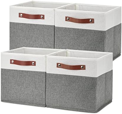 Temary Cube Storage Bins 4 Pack Storage Cubes 11?11 Fabric Storage Bins Foldable Cube Storage Baskets with Handles, Collapsible Storage Basket for Shelf (White & Grey, 11 x 11 x 11) by TEMARY