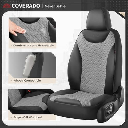 Coverado Car Seat Covers, 5 Seats Front and Rear Seat Covers for Cars, Leather Seat Covers Waterproof Car Seat Protectors, Automotive Seat Cushions Universal for Most Sedan, SUV, Truck, Black & Gray - Image 2