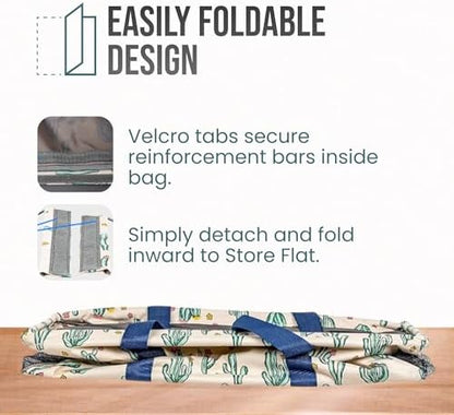 Extra Large Utility Tote Bag, Oversized Collapsible Reusable Wire Frame Rectangular Canvas Basket With Two Exterior Pockets For Beach, Pool, Laundry, Car Trunk, Storage - Cactus White - Image 6