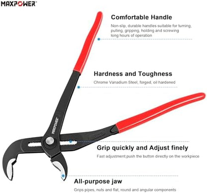 MAXPOWER 7" 10" 16" Water Pump Pliers Set, Push Button V Jaw, Quick Release - Image 3