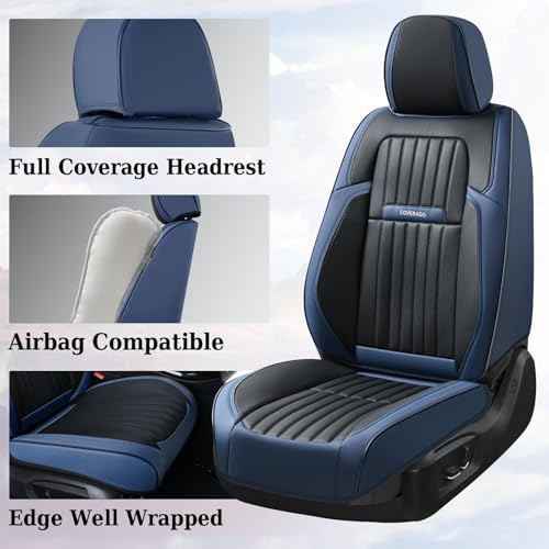 Coverado Car Seat Covers Full Set, Nappa Leather Seat Covers for Cars, Car Seat Cushion Car Seat Protector, Front and Back Seat Protectors Cushions Universal Fit for Most Cars Vehicles(Blue&Black) - Image 4