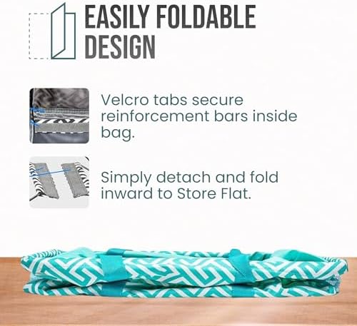 Extra Large Utility Tote Bag - Oversized Collapsible Reusable Wire Frame Rectangular Canvas Basket With Two Exterior Pockets For Beach, Pool, Laundry, Car Trunk, Storage - Geometric Teal - Image 6