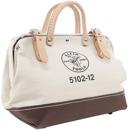 Klein Tools 5102-12 Heavy Duty Natural Canvas Tool Bag, Tool Tote, Multi-Purpose Bag with Wide Hinged Opening and Leather Handles, 12-Inch by Unknown