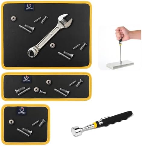 Magnetic Tool Mat Set, 4 Pack Tool Mat Set with Telescoping Pickup Tool | 40LB Strong Magnetic Mat for Tools | Screws & Parts Garage Workshop Organizer for Mechanics & DIY(Yellow) by OBVADETechnology
