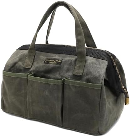 13-inch Tool Bag, Heavy Duty Wide Mouth Water-Resistant Tool Bag, Tool Tote with Handle for Tools, Wrenches, Screwdrivers (13 X 7.8 X 9 inch) | ArmyGreen by Denifiter
