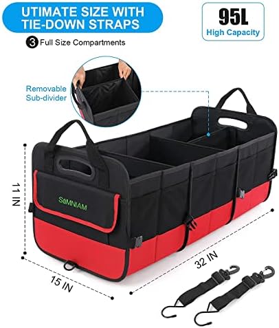 Simniam Large Trunk Organizer for Car, Foldable Multi Compartment Car Trunk Organizer with 2 Retractable Straps, Suitable for All Kinds of Cars, SUV, Minivan - 4 Compartments Red - Image 3