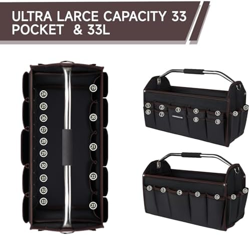 22 In Tool Carrier, Open Top Tool Tote 30 Pockets, Waterproof Tool Bag For Men, Foldable Wide Mouth Electricians Tool Bag, With Stainless Steel Handle and Removable Shoulder Strap - Image 4