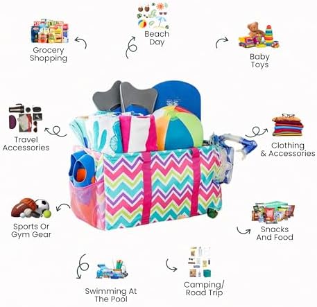 Extra Large Utility Tote Bag - Oversized Collapsible Reusable Wire Frame Rectangular Canvas Basket With Two Exterior Pockets For Beach, Pool, Laundry, Car Trunk, Storage - Chevron Multi - Image 3
