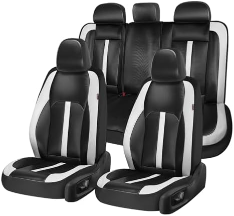 Coverado Leather Car Seat Covers Full Set & Carbon Fiber, Waterproof and Durable All Weather Protector, Universal Fit for SUV, Pickup Truck, Sedan, Automotive Vehicle Interior, Black&White by COVERADOAUTO