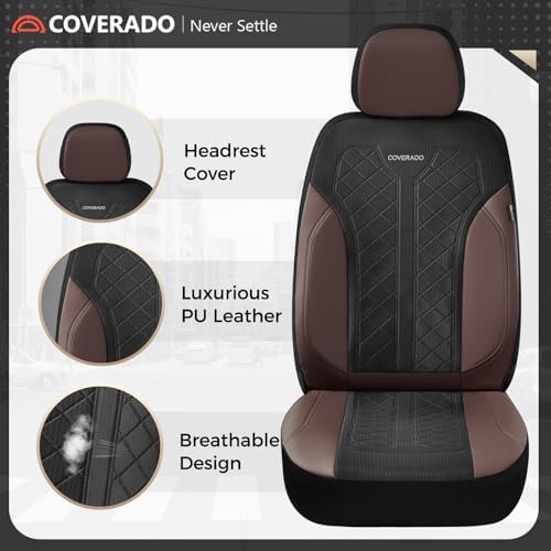 Coverado Seat Covers for Car 5 Seats, Leather Car Seat Covers Fullset, Breathable Mesh Front and Rear Protectors, Coffee Luxury Automotive Covers, Universal Fit for SUV, Truck, Sedan - Image 3
