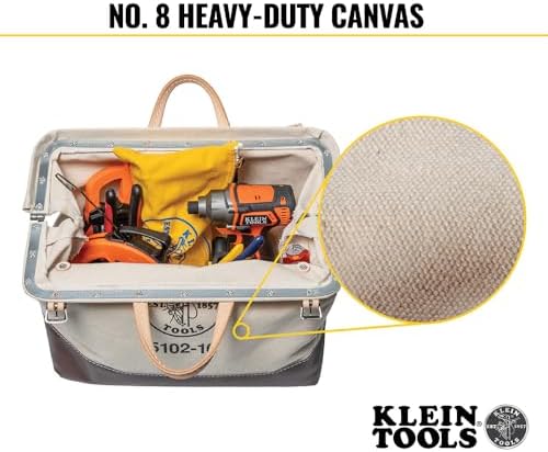 Klein Tools 5102-16 Heavy Duty Natural Canvas Tool Bag, Tool Tote, Multi-Purpose Bag with Wide Hinged Opening and Leather Handles, 16-Inch - Image 4