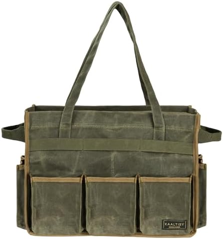 Tool Bag, Heavy Duty 16oz Waxed Canvas Garden Tool Organizer Tote with Reinforced Bottom, Large Capacity & 11 Slots, Dual Handles Tool Carrier for Gardening Carpentry DIY Tools | Army Green by Kaaltisy