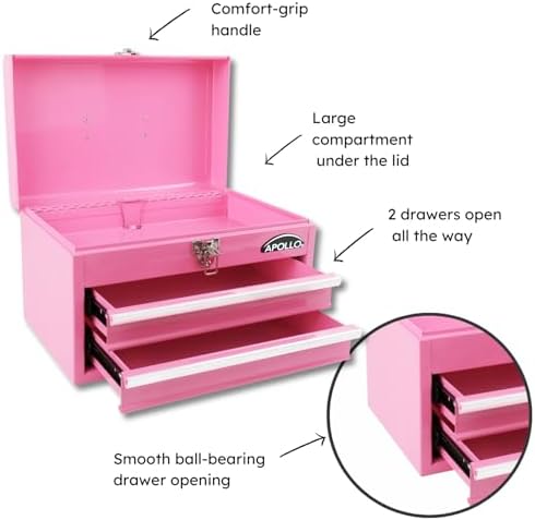 Apollo Tools 14 Inch Steel Tool Box with Deep Top Compartment and 2 Drawers in Heavy-Duty Steel With Ball Bearing Opening and Powder Coated Finish - Pink Ribbon - Pink - DT5010P - Image 2