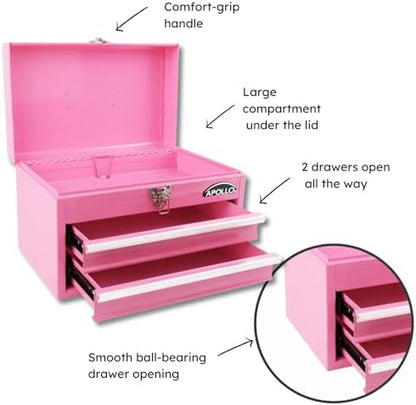 Apollo Tools 14 Inch Steel Tool Box with Deep Top Compartment and 2 Drawers in Heavy-Duty Steel With Ball Bearing Opening and Powder Coated Finish - Pink Ribbon - Pink - DT5010P - Image 2