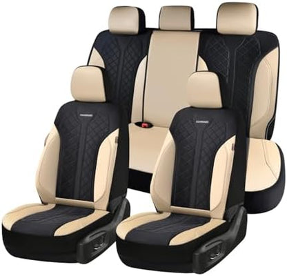 Coverado Seat Covers Full Set, Beige Car Seat Covers, PU Leather & Breathable Mesh Seat Protectors, 5-Piece Automotive Seat Covers, Universal Fit for SUVs, Trucks, Sedans by COVERADOAUTO