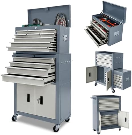 13-Drawer Rolling Tool Chest with Double Doors, 2 in 1 Detachable Rolling Tool Chests, Metal Standing Tool Cabinet with Lock, Large Toolbox for Garage Workshop, Gift for Christmas-Gray by Unknown