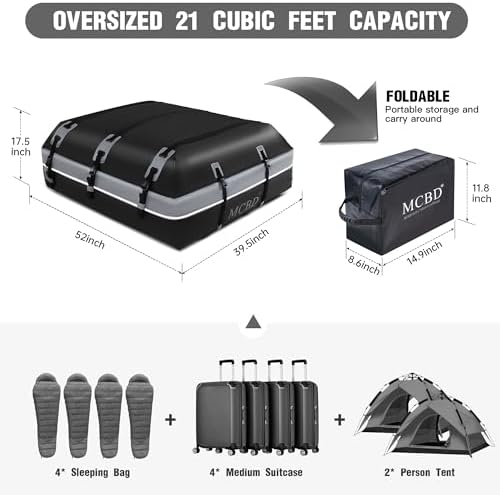 Rooftop Cargo Carrier, 21 Cubic Feet Soft-Shell Waterproof Car Roof Luggage Bag for All Vehicles SUV with/Without Rails, Includes 10 Reinforced Straps + 6 Door Hooks,Storage Bag,Anti-Slip Mat - Image 2