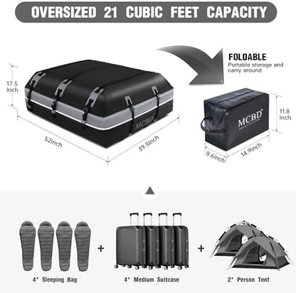 Rooftop Cargo Carrier, 21 Cubic Feet Soft-Shell Waterproof Car Roof Luggage Bag for All Vehicles SUV with/Without Rails, Includes 10 Reinforced Straps + 6 Door Hooks,Storage Bag,Anti-Slip Mat - Image 2