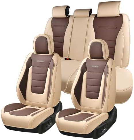 Coverado Car Seat Covers Full Set, Nappa Leather Seat Covers for Cars, Car Seat Protector Car Seat Cushion, Front and Back Seat Protectors Cushions Universal Fit for Most Cars Vehicles(Beige&Coffee) by COVERADOAUTO