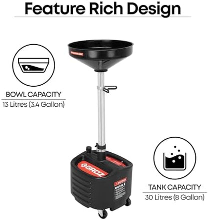 Groz 8 Gallon Waste Oil Drain Pan - Wheeled, Adjustable Height, Spill-Proof Design, Tool Storage (44605) - Image 3