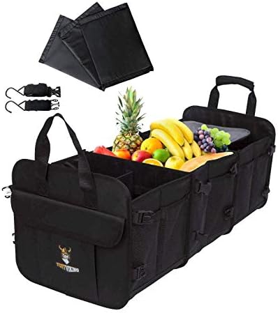Tuff Viking Convertible Large 3 Compartment SUV Trunk Organizer with Cover | Truck Bed Organizer | for Trucks, Cars, SUVs and Groceries with Tie Down Straps. (5 in 1, Black) by TUFFVIKING