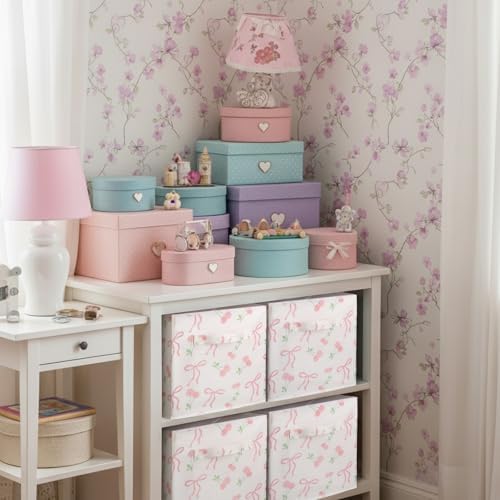 Geelin 6 Pcs Pink Bow Cherry Cube Storage Bins 11 in Basket with Handle - Image 4