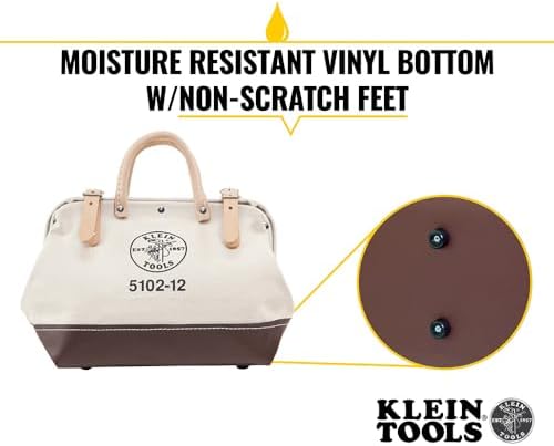 Klein Tools 5102-12 Heavy Duty Natural Canvas Tool Bag, Tool Tote, Multi-Purpose Bag with Wide Hinged Opening and Leather Handles, 12-Inch - Image 3