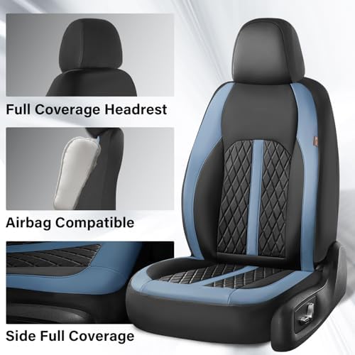 Coverado Universal Leather Seat Covers Full Set for 5 Seats – Waterproof, Durable All-Weather Protector for SUV, Pickup Truck, Sedan, Blue&Black - Image 4