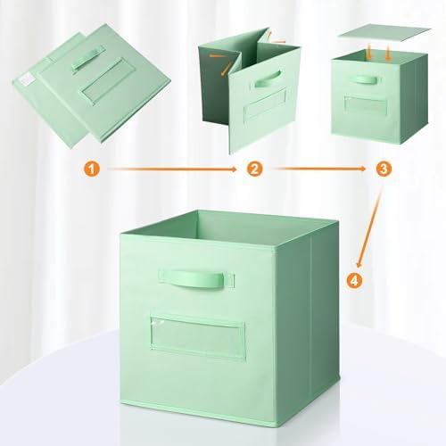 13x13x13 storage cube bins(Set of 8) Fabric storage cubes with 8 Labels Window Cards & a Pen, storage cubes 13x13, Collapsible 13 inch cube storage bins, Cubby Organizer Boxes, Grass Green - Image 4