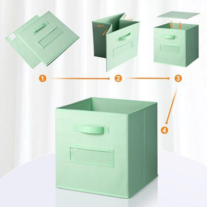 13x13x13 storage cube bins(Set of 8) Fabric storage cubes with 8 Labels Window Cards & a Pen, storage cubes 13x13, Collapsible 13 inch cube storage bins, Cubby Organizer Boxes, Grass Green - Image 4