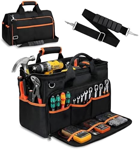 Electrician Tool Bag, 26-Pocket, 17-Inch, Potable Tool Box Organizer with Wide Mouth Opening & Padded Shoulder Strap, Water Resistant Heavy Duty Bag for Mechanics, Contractors, Plumber & Craftsmen by Unknown