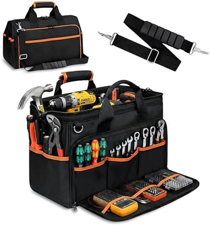 Electrician Tool Bag, 26-Pocket, 17-Inch, Potable Tool Box Organizer with Wide Mouth Opening & Padded Shoulder Strap, Water Resistant Heavy Duty Bag for Mechanics, Contractors, Plumber & Craftsmen by Unknown