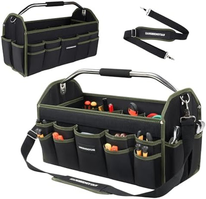 22In Electrician Tool Bag, Foldable Bags For Men Heavy Duty, Open Top Tool Tote, 30 Pockets Can Hold Many fittings, Organizer Stainless Steel Handle and Removable Shoulder Strap by LIANGSHENGYUAN