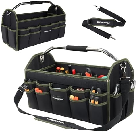 22In Electrician Tool Bag, Foldable Bags For Men Heavy Duty, Open Top Tool Tote, 30 Pockets Can Hold Many fittings, Organizer Stainless Steel Handle and Removable Shoulder Strap by LIANGSHENGYUAN