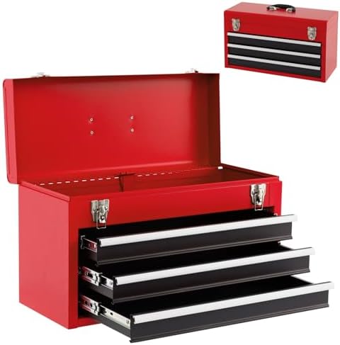 Goplus Tool Box with 3 Drawers, 4-Tier 20.5" Portable Tool Chest Organizer with Top Tool Tray, Auto Lock, Protective Liner, Handle, Steel Metal Small Toolbox for Gargae, Workshop, Home by Goplus