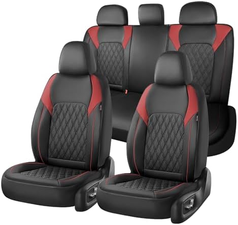 Coverado Car Seat Covers Full Set, Leather Seat Covers, Automotive Seat Covers for Cars, Car Seat Covers Front Seats Back, Car Seat Protector Car Seat Cushion Universal Fit Most Cars Trucks, Black&Red by COVERADOAUTO