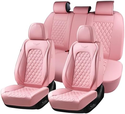Coverado Full Set Car Seat Covers, Luxury Faux Leather Waterproof Seat Covers, Pink Car Seat Protectors, Universal Fit for Most Cars, Automotive Seat Covers-Pink by COVERADOAUTO