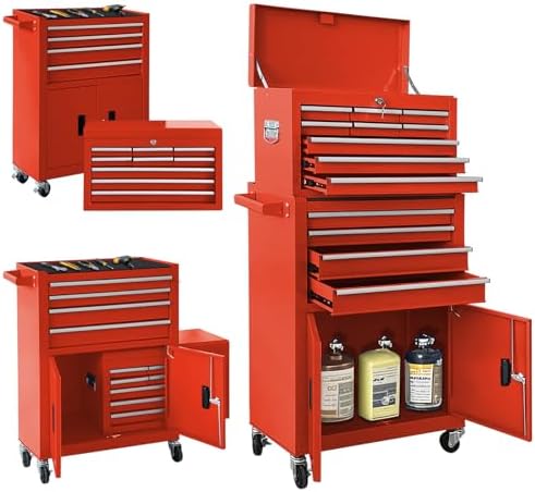 13-Drawer Double Doors Handle Rolling Tool Chest, 2 in 1 Detachable Rolling Tool Chests, Large Tool Boxes with Lock, Metal Standing Tool Cabinet for Garage Workshop(Red) by TOKUWA