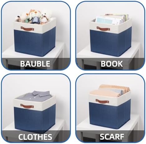 Temary Fabric Storage Bins for Cube Organizer 4 Pack Cube Storage Bins 13 Storage Cubes for Shelves Storage Baskets for Organizing Books, Clothes, Towels (White & Blue, 13x13x13 Inch) - Image 4