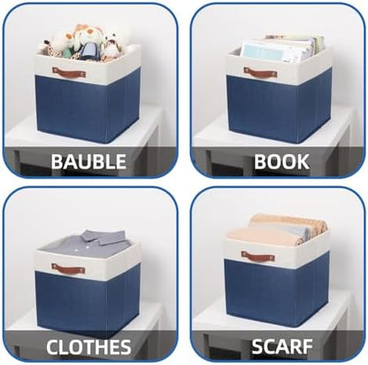 Temary Fabric Storage Bins for Cube Organizer 4 Pack Cube Storage Bins 13 Storage Cubes for Shelves Storage Baskets for Organizing Books, Clothes, Towels (White & Blue, 13x13x13 Inch) - Image 4