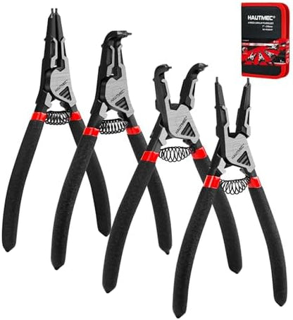 HAUTMEC 4PCS Snap Ring Pliers Set, 7" Heavy Duty Internal/External Circlip Pliers with Straight & 90° Bent Tips, for Automotive & Machinery HT0280 by HAUTMEC