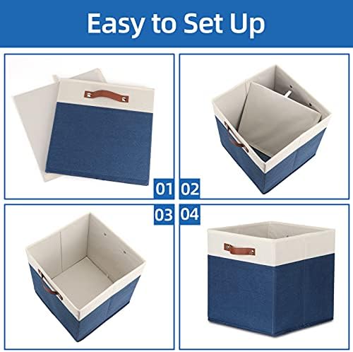 Temary Fabric Storage Bins for Cube Organizer 4 Pack Cube Storage Bins 13 Storage Cubes for Shelves Storage Baskets for Organizing Books, Clothes, Towels (White & Blue, 13x13x13 Inch) - Image 7