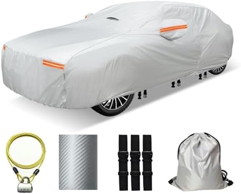 30 Layers Heavy Duty Car Cover for Automobiles All Weather Waterproof, Outdoor Snowproof UV Protection Windproof, Door Zipper, Soft Cotton Universal Car Covers (Silver, Fit Sedans 171"-180") by OWEEIO